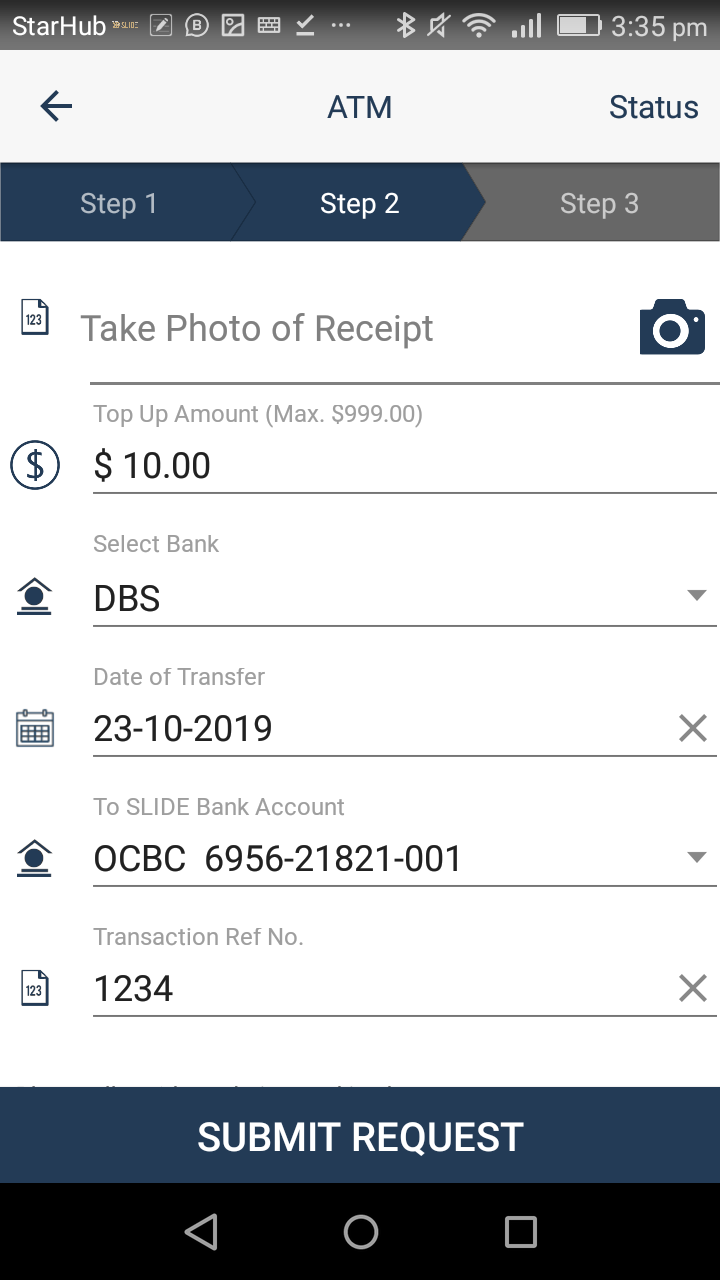 screenshot of ATM top up request form in SLIDE member app