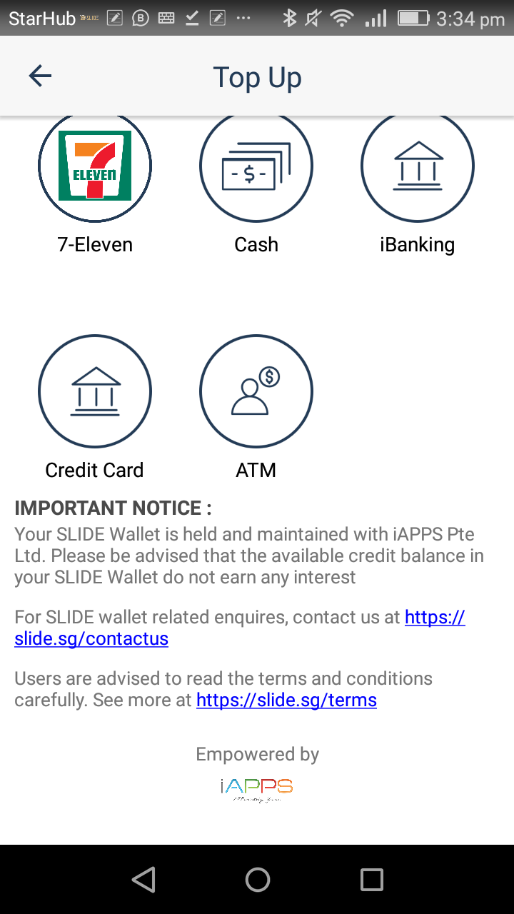 screenshot of top up options available in SLIDE member app